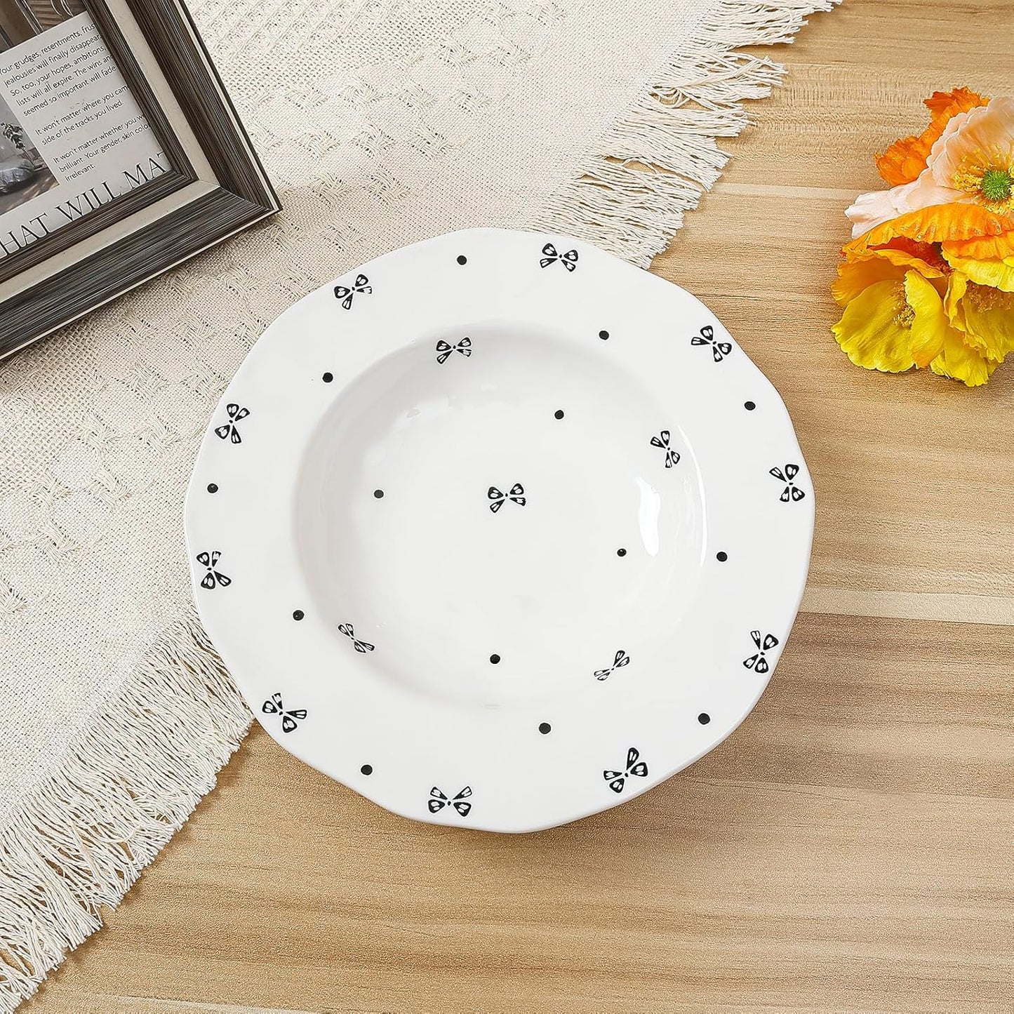 Koythin Ceramic Straw Hat Ramen Bowl Set, Pasta Bowls, Salad Serving Bowl for Noodle, Dinner, Salad, Microwave Dishwasher Safe (Black Bow)