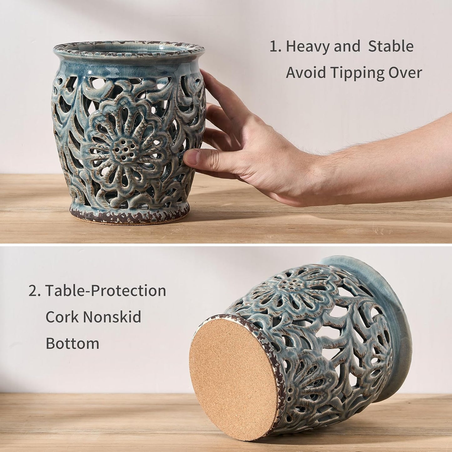 Farmhouse Kitchen Utensil Holder for Kitchen Counter, Ceramic Large Cooking Utensil Crock with Cork Mat, Decorative Rustic Utensil Organizer for Countertop, Spatula, Grayish Blue