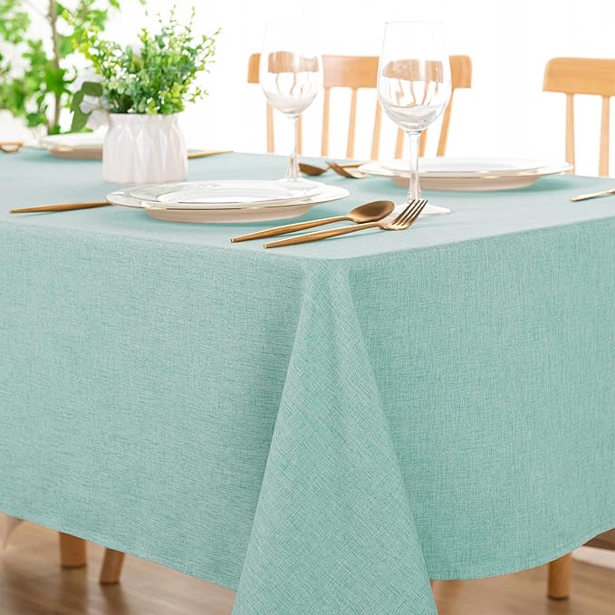 DWCN Rectangle Faux Linen Tablecloth - Textured Waterproof Spill-Proof Wrinkle and Stain Resistant Table Cloth Decorative Fabric Farmhouse Table Cover for Kitchen Dining Party, 60 x 102 Inch, Aqua
