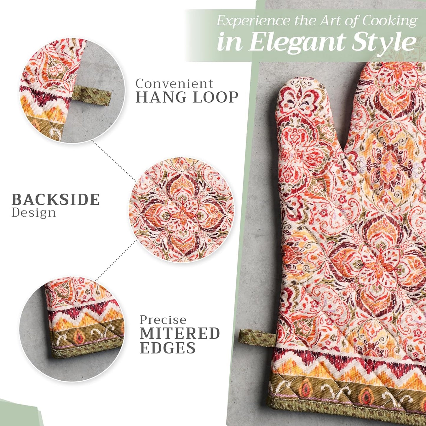 Maison d' Hermine 100% Cotton Oven Mitt & Pot Holder Set (7.5"x13" & 8"x8") Heat Resistant BBQ Cooking Gloves with Loop for Thanksgiving Christmas Decorations Handling Hot Pans (Damask)