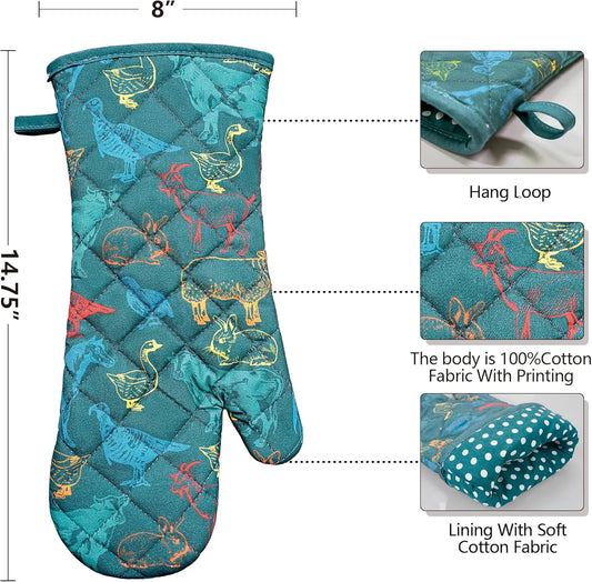 Oven Mitts Cotton Fashion Cute Farm Cattle Design 1pair Heat Resistant Oven Gloves Safe Cooking Baking Grilling Barbecue Machine Washable Pot Holders (Farm Cattle)