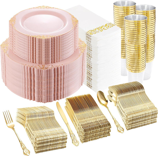 YOUBET 700PCS Pink Plastic Plates - Pink and Gold Plates - Luxury Pinks Plastic Dinnerware Set Include 200 Pinks Disposable Plates, 300 Heavy Duty Silverware, 100 Cups, 100 Napkins for Wedding & Party