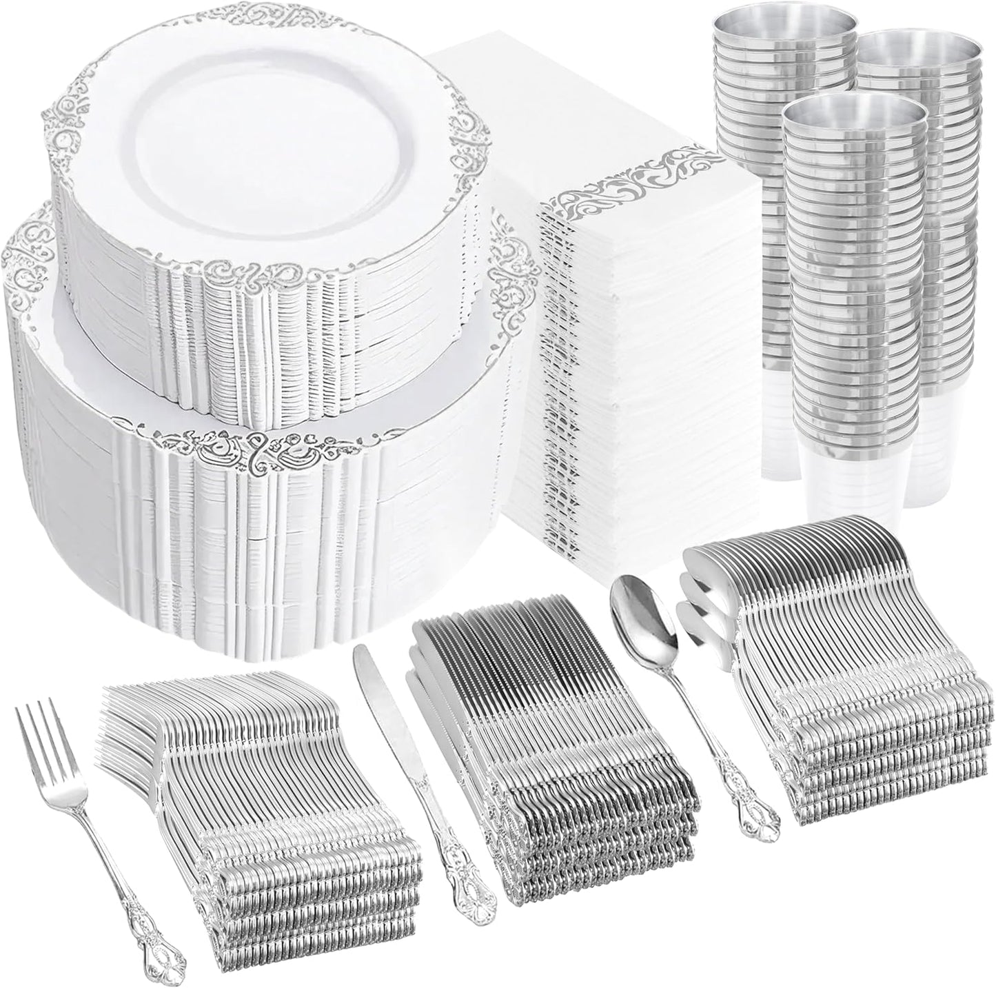 YOUBET 700PCS Silver Plastic Plates - White and Silver Disposable Plates - Silvery Plastic Dinnerware Set - Include 200 Plates, 300 Heavy Duty Silverware, 100 Cups and 100 Napkins for Wedding & Party
