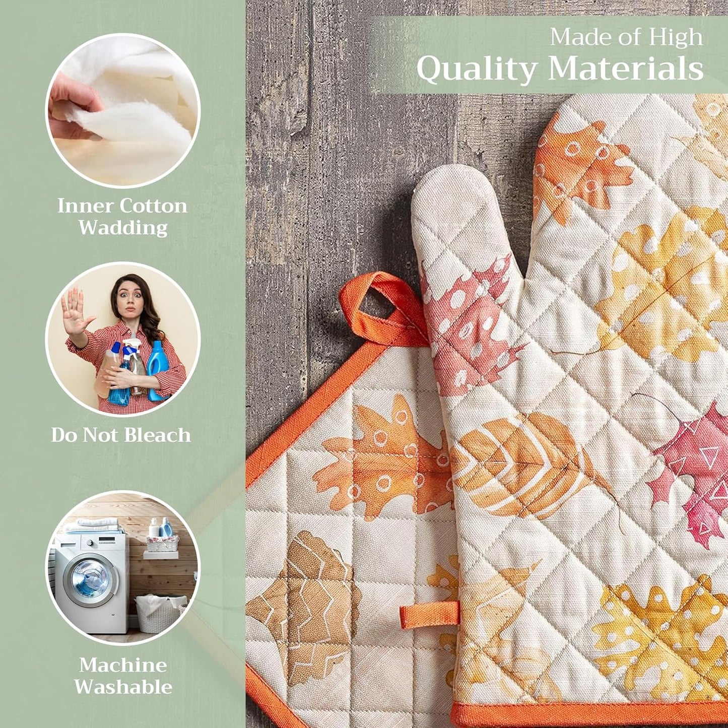 Maison d' Hermine 100% Cotton Oven Mitt & Pot Holder Set (7.5"x13" & 8"x8") Heat Resistant BBQ Cooking Gloves with Loop for Thanksgiving Christmas Decorations Handling Hot Pans (Colours of Autumn)