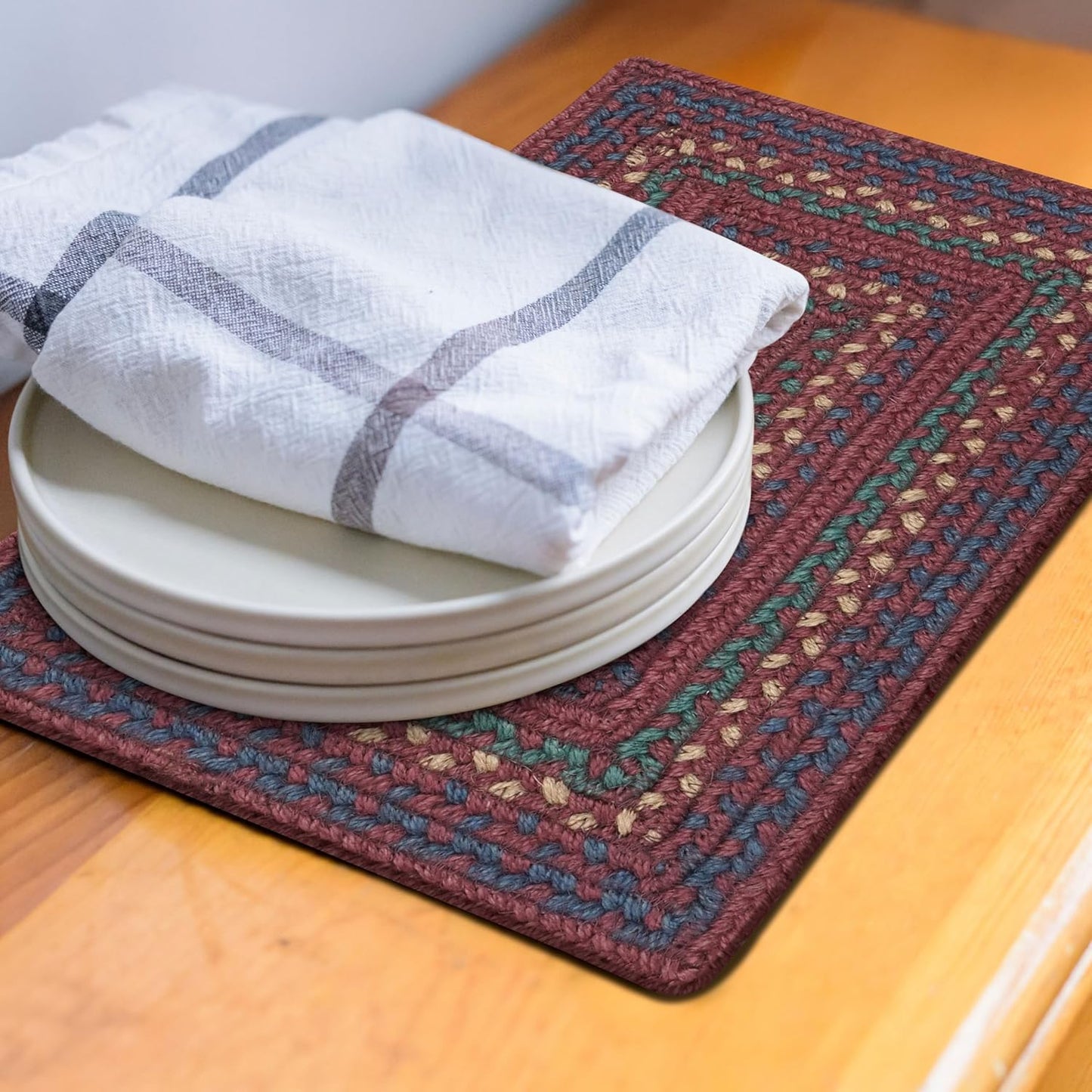 Jamestown Jute Braided Placemats for Table, Set of 4-10x15, Rectangle, Burgundy - Vibrant Colors, Durable, Easy to Clean and Protects Furniture