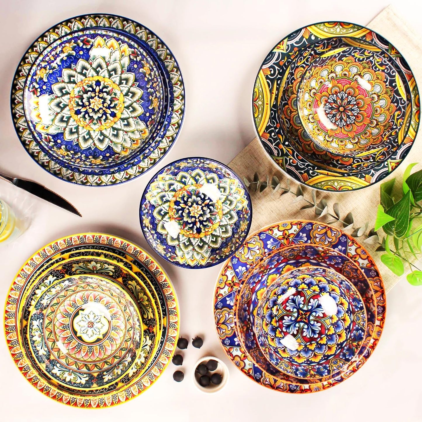 Mandala Dinnerware Sets, Plates and Bowls Set, Porcelain Dishes (16 Pieces) Service for 4, Zanzibar, Bohemian Style Dining Ware, for Kitchen and Dining Multicolor Dinnerware Set