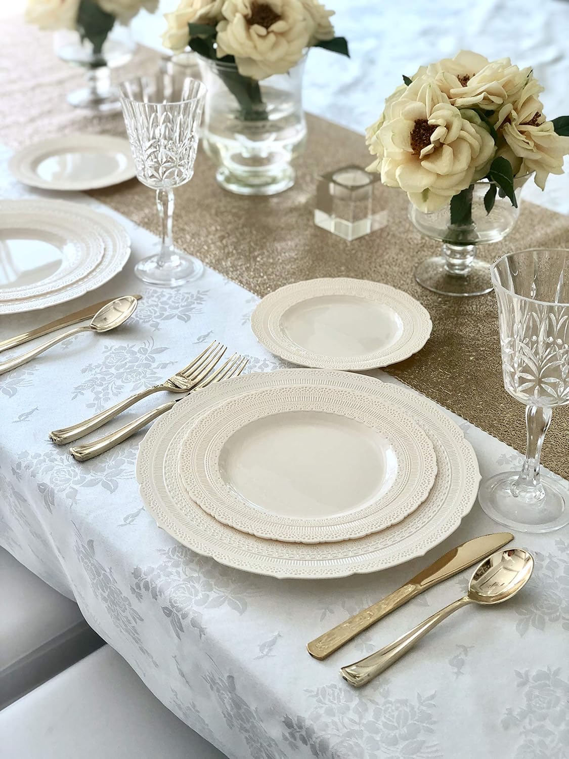 " OCCASIONS " 50 Plates Pack (25 Guests)-Extra Heavyweight Vintage Wedding Disposable/Reusable Plastic Plates -25 x 11'' Dinner + 25 x 8.25'' Salad/dessert (Chateau Collection Ivory)