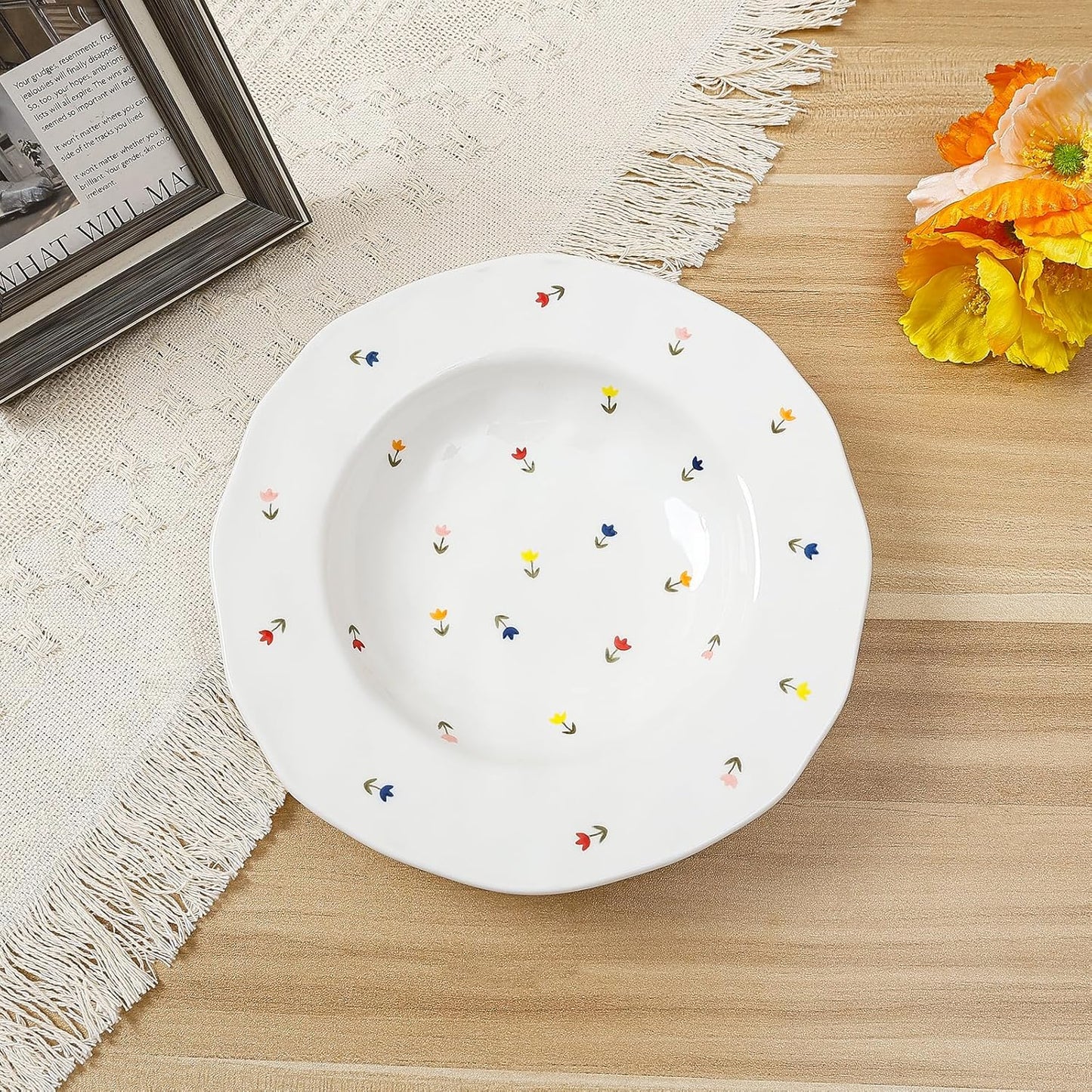 Koythin Ceramic Straw Hat Ramen Bowl Set, Pasta Bowls, Salad Serving Bowl for Noodle, Dinner, Salad, Microwave Dishwasher Safe (Little Tulip)