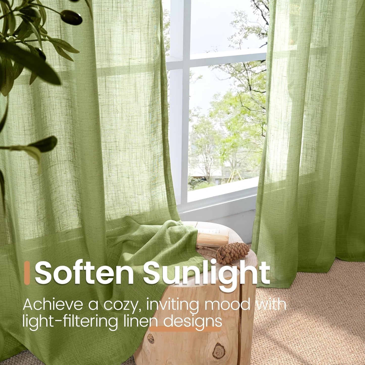 BGment 54 Inch Length Green Curtains for Short Living Room Windows - Natural Linen Drapes Rod Pocket Light Filtering for Dining Room Kitchen Country Lightweight Semi Sheer, 2 Panels Set, 42 X 54 Inch