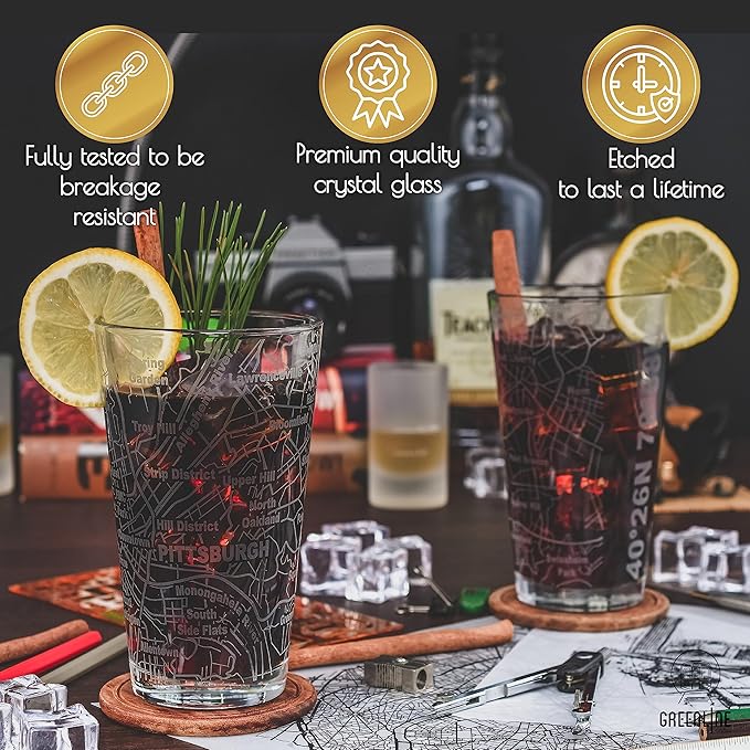 Greenline Goods Beer Glasses - 16 oz Drinkware Set for Pittsburgh lovers - Set of 2 - Etched with Pittsburgh, PA Map - Premium Decorative Glassware