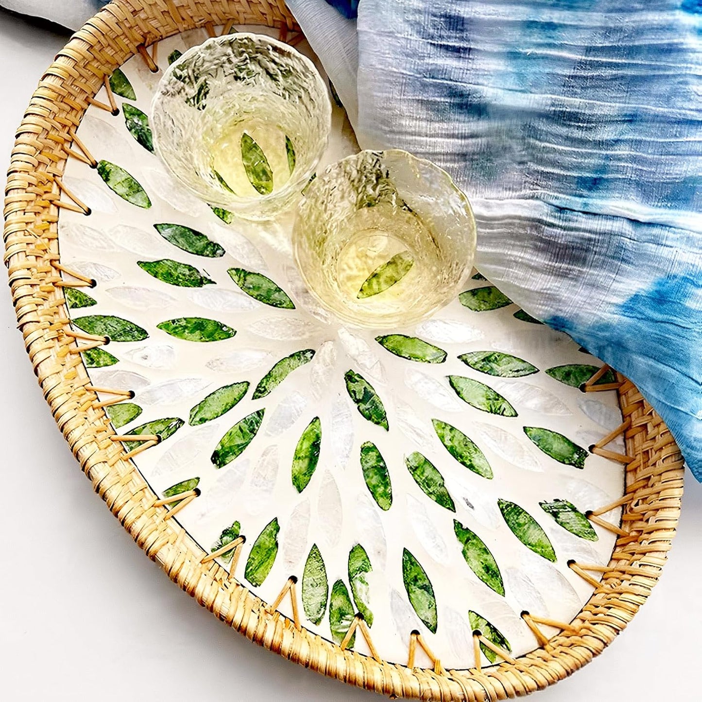 i-lan Set of 3 Oval Rattan Serving Trays with Mother of Pearl Inlay, 13" 12" 11" Woven Platters for Home Decor, Coffee Table, Vanity & Display