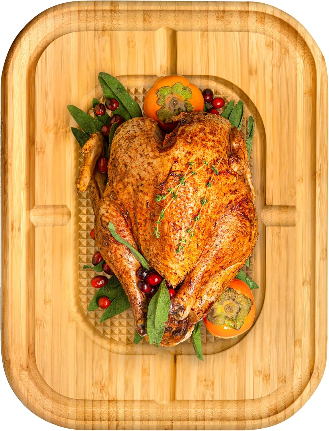 Turkey Platter for Thanksgiving - Bamboo Meat Cutting & Carving Board for BBQ & Grilling - Heavy Duty Reversible Butcher Block with Juice Groove, Spikes & Grid Grip - Kitchen Gift, Large, 18" x 12"