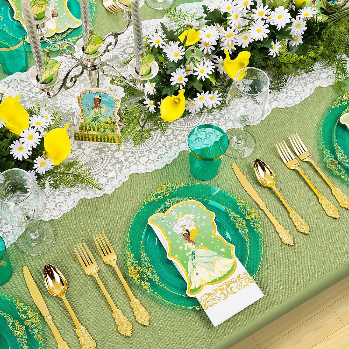 Hioasis 350pcs Clear Green Plastic Plates - Elegant Disposable Dinnerware Set Suitable for 50 Guests Include 10.25" Dinner & 7.5" Dessert Plates, Cutlery, Napkins, Cups for Party & Wedding
