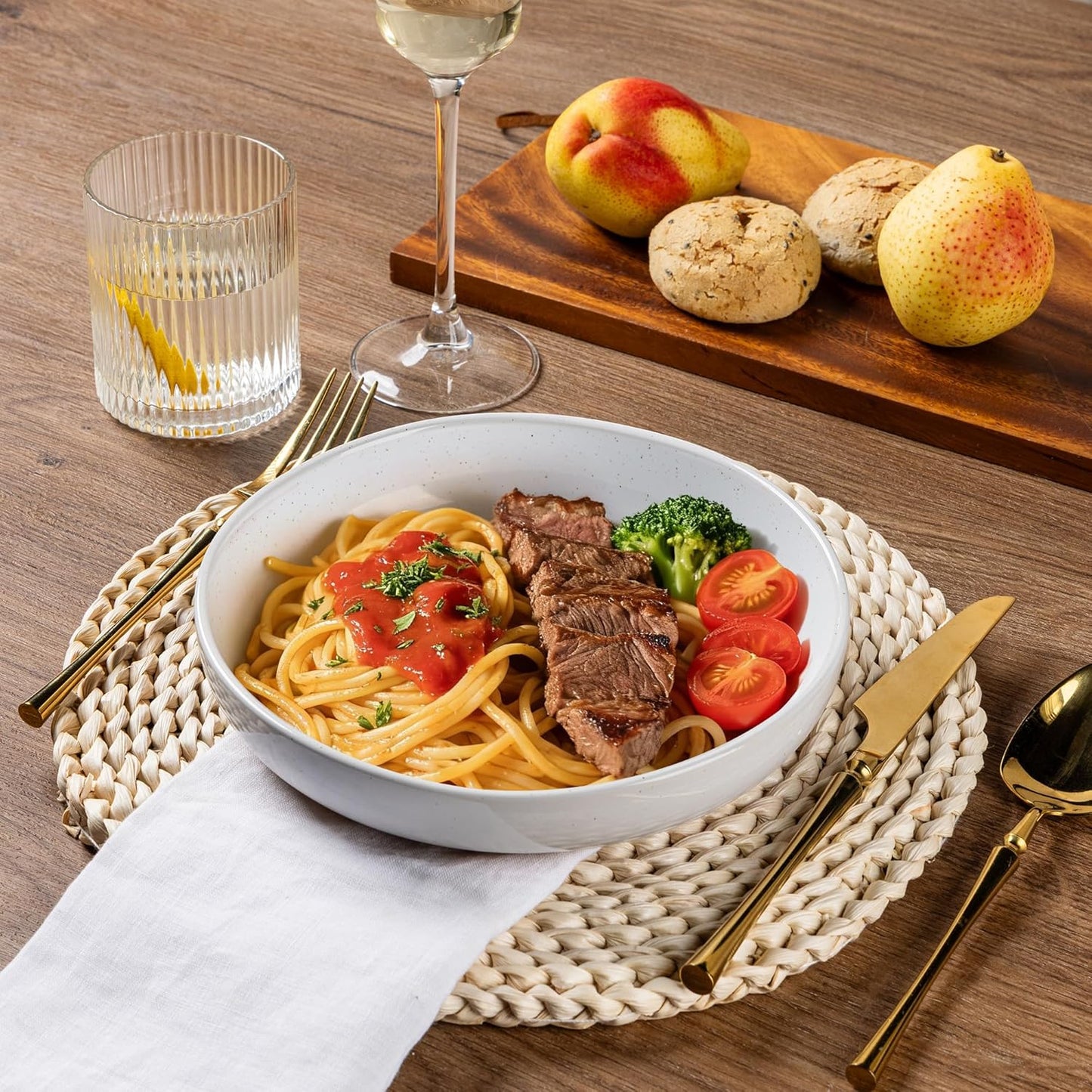 AmorArc Ceramic Dinnerware Sets with Pasta Bowls for 4, Handpainted Plates and Bowls Set with Rustic Terracotta Underside, Scratch Resistant Dishes Set, Dishwasher & Microwave Safe, 16 Pcs