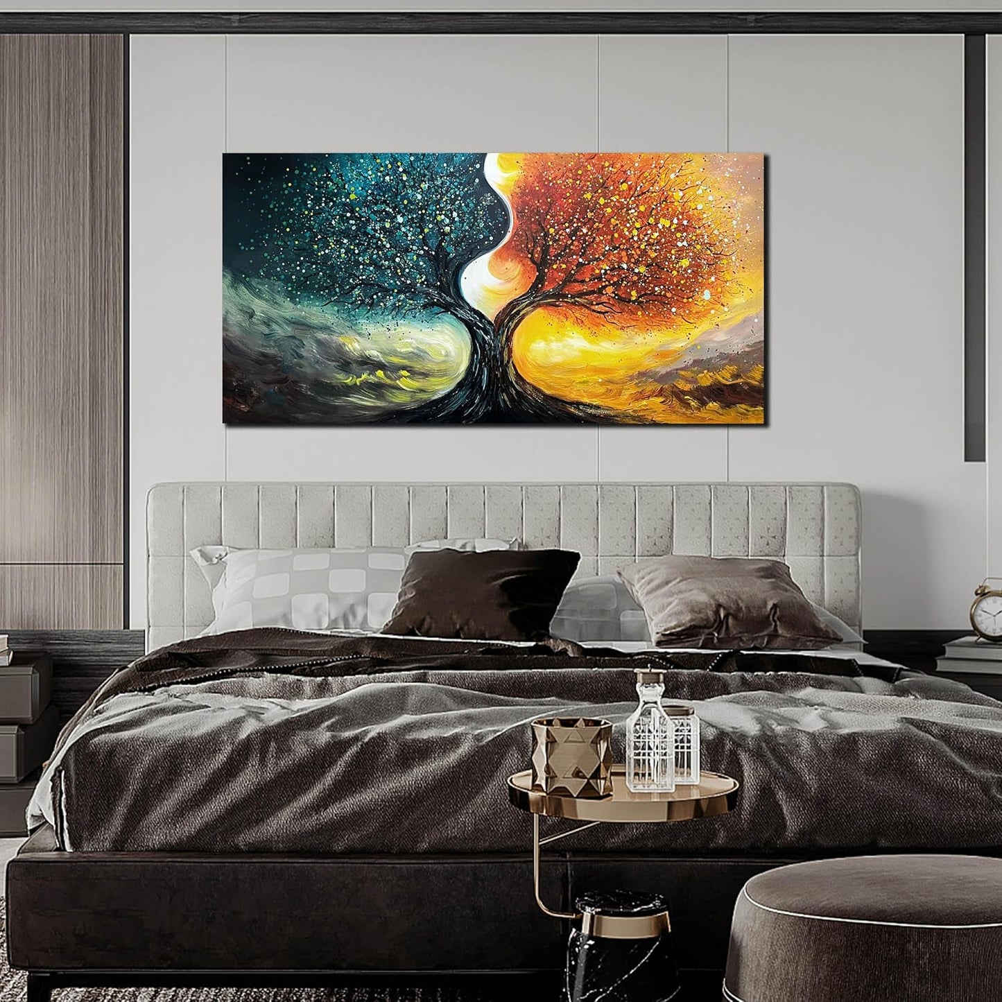 Tree Painting Wall Art for Living Room - Teal and Yellow Hand Painted Wall Art for Office - Abstract Canvas Wall Decor Bedroom Size 24" x 47"