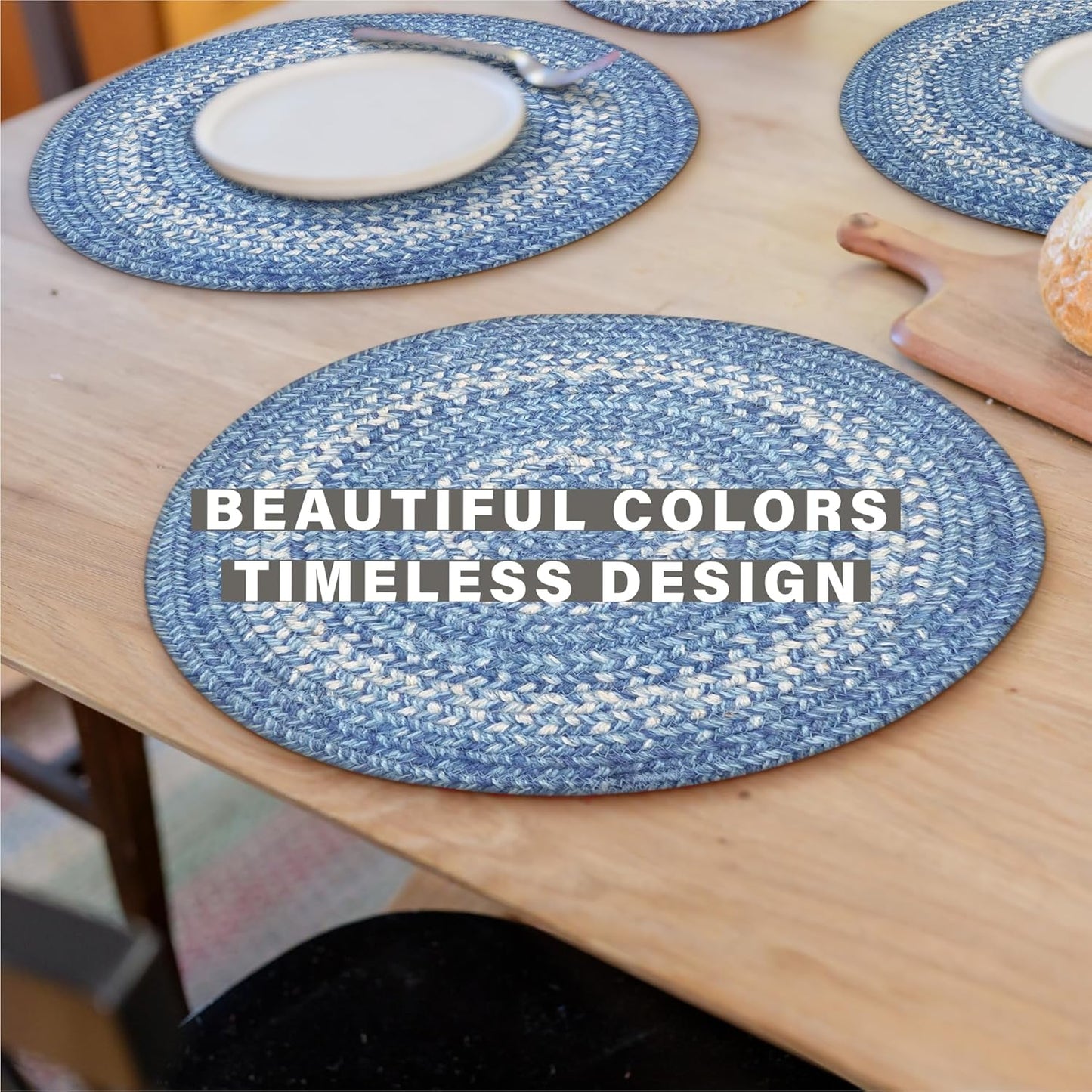 Homespice Denim Round Braided Placemats, Country Coastal Decor, Set of 2, 15" Blue Jute Table Mats - Vibrant Colors, Durable, Easy to Clean and Protects Furniture