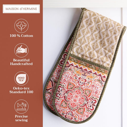 Maison d' Hermine Double Oven Mitt (7" x 35") 100% Cotton Heat Resistant BBQ Cooking Gloves with Loop for Thanksgiving Christmas Decorations Baking Cooking Barbeque Handling Hot Pan (Damask)