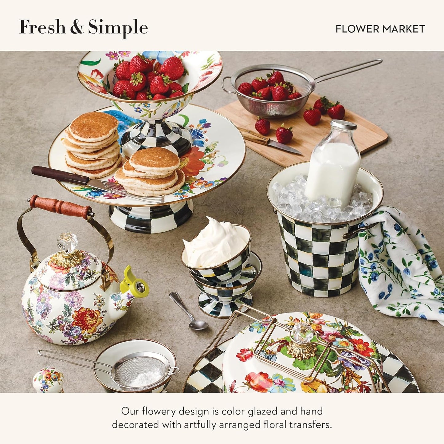 MACKENZIE-CHILDS Enamel Compote, Cute Enamel Pedestal Serving Dish or Decorative Bowl, Large, White Flower Market