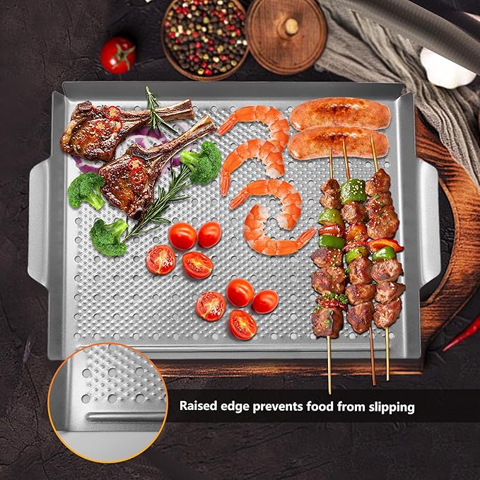 Grill Pan, Nonstick Grill Topper for Outdoor Grilling, Perforated BBQ Tray with Handles for Vegetable, Fish, Meat, Seafood (15x11)