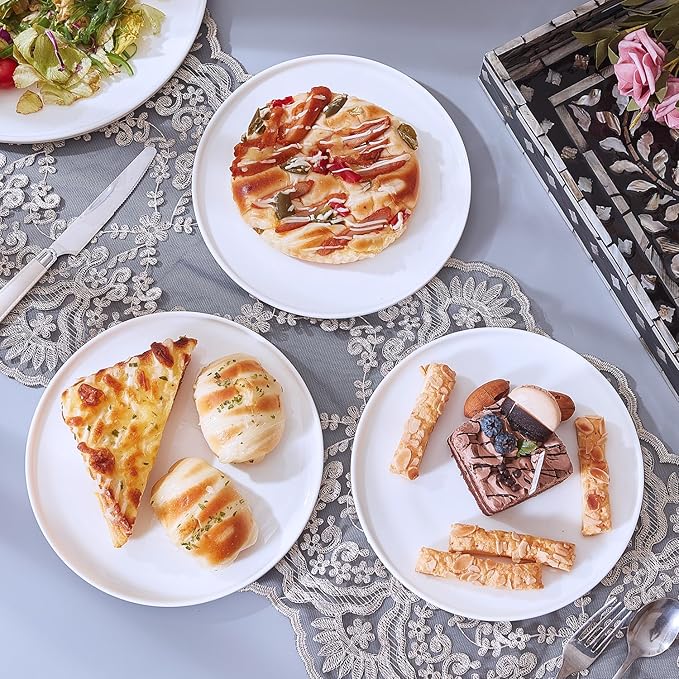 AntoKueh White Salad Plates Set of 6, 8.3 Inch Fine Bone China Small Dishes with Shallow Edge for Dessert, Appetizer, Steak, Dishwasher/Microwave safe