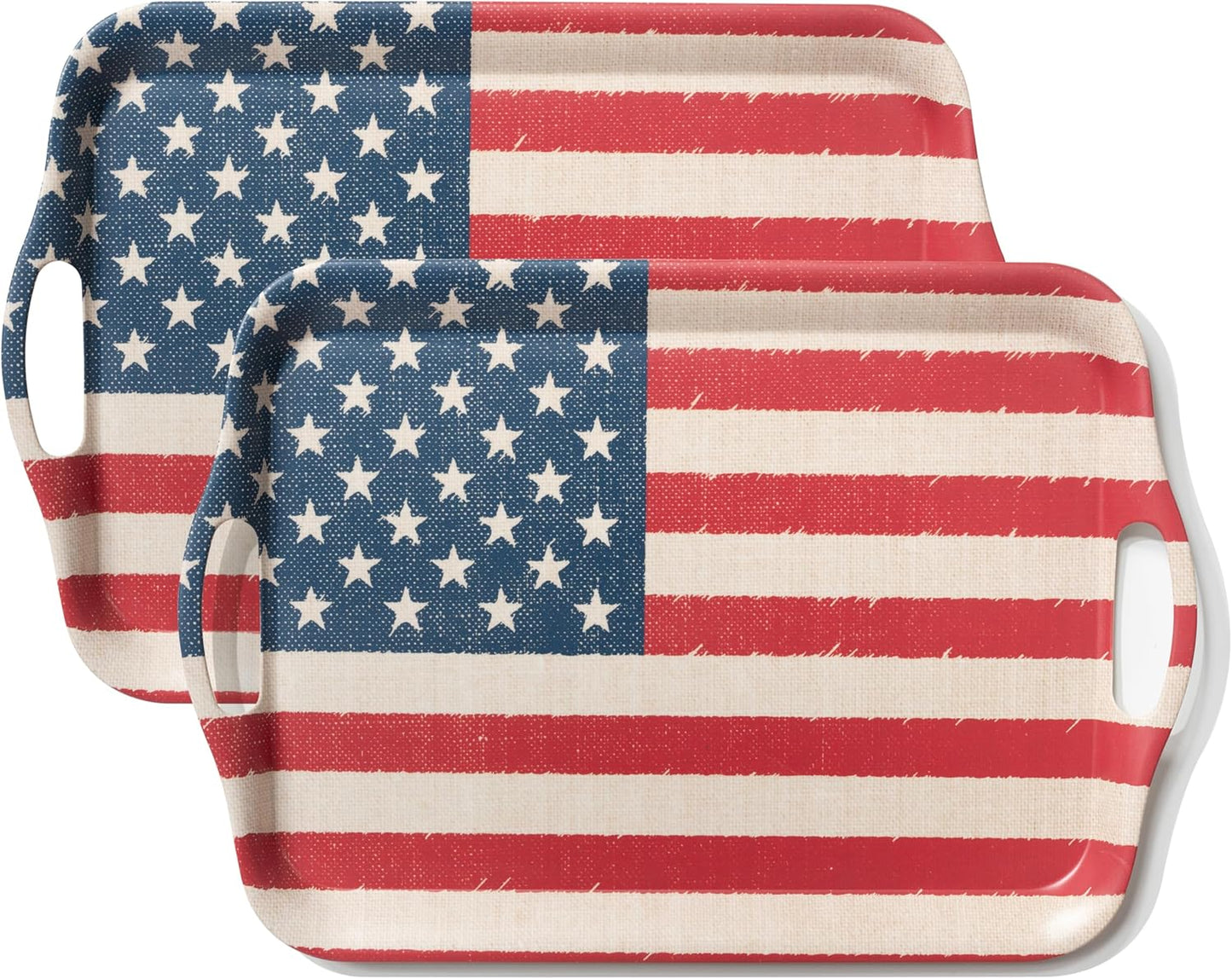 KINGEN 2-Pack Patriotic Bamboo Fiber Serving Trays - 18×13-inch Extra Large w/Handles Tray, Stars & Stripes Platters for 4th of July, Christmas, Birthday, BBQ, Party - Red, White & Blue Decor