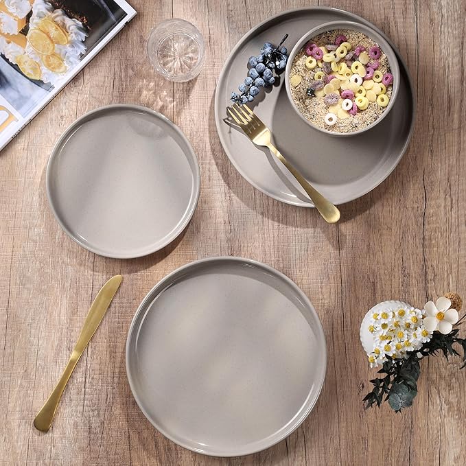 HaWare Stoneware Dinnerware Sets, 12-Piece Plates and Bowls Set for 4, Dishes Set for Home Restaurant, Speckled Cream Coffee