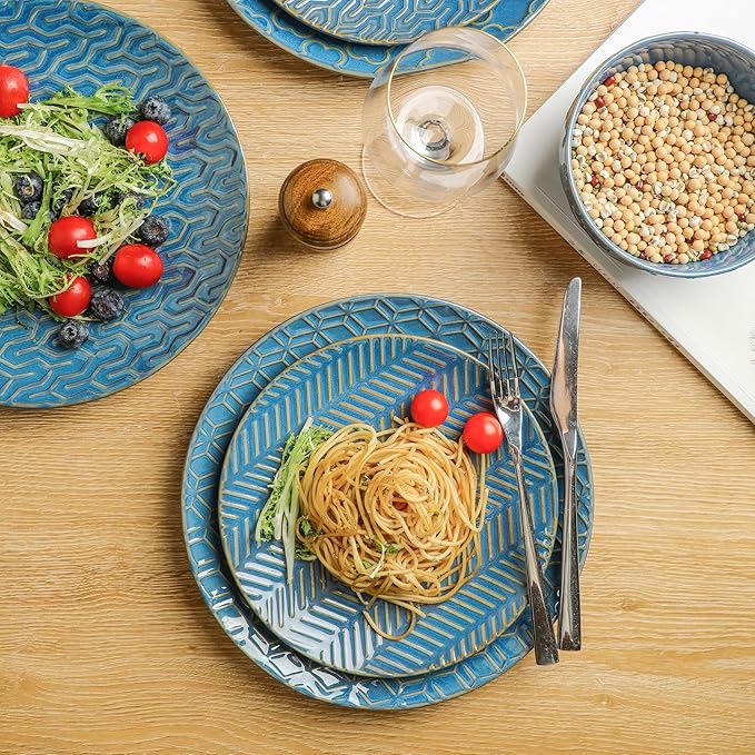 Sureasy 12-Piece Ceramic Dinnerware Set for 4 - Embossed Plates and Bowls Sets, Scratch Resistant Dish Set, Microwave, Oven & Dishwasher Safe, Blue