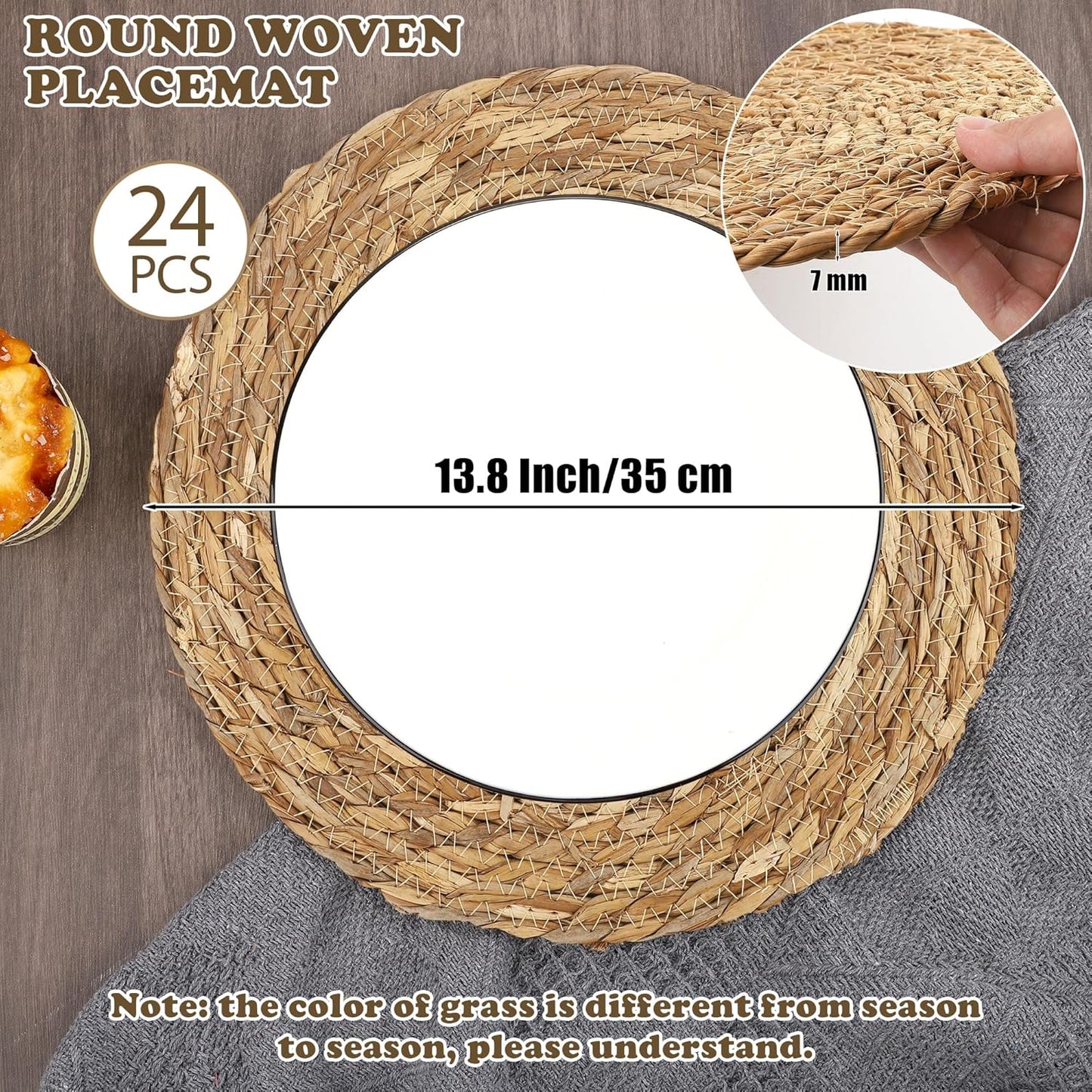Set of 24 Round Woven Placemats 13.8 Inches Bulrush Placemats Natural Hand-Woven Boho Rattan Placemats Wicker Table Mats Farmhouse Weave Place Mats for Home Dining Table