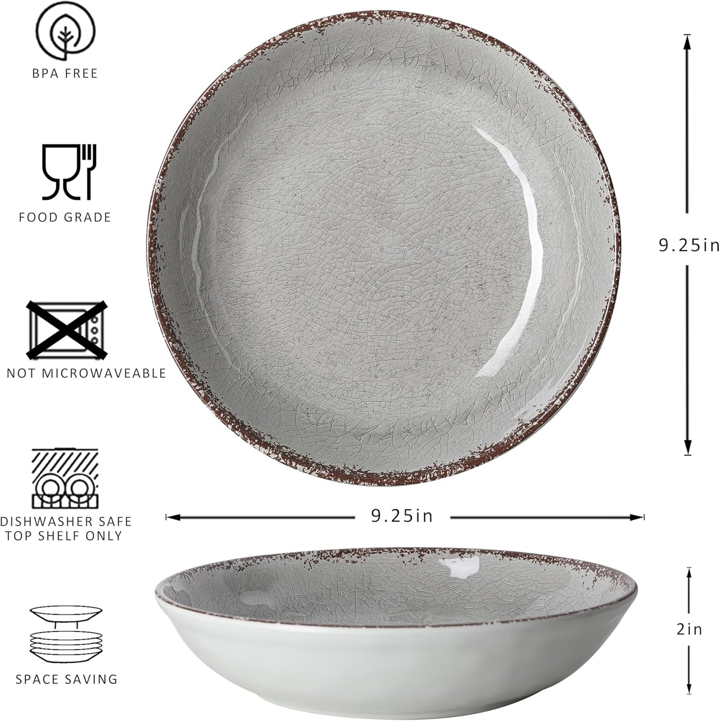 LEHAHA Farmhouse Melamine Pasta Bowl, 9.25 inch Large Salad Bowls, Set of 6, Unbreakable 100% Melamine Serving Bowls Set for Dinner, Wide and Shallow Bowls Set, Dishwasher Safe, Grey…