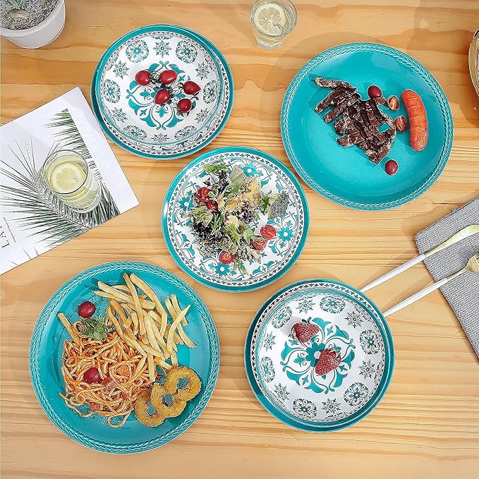 Melamine Dinnerware Set 12-Piece (Service for 4) – Dishwasher Safe, Unbreakable Lightweight Plates & Bowls for Indoor/Outdoor Use – Patio, Kids, Camping