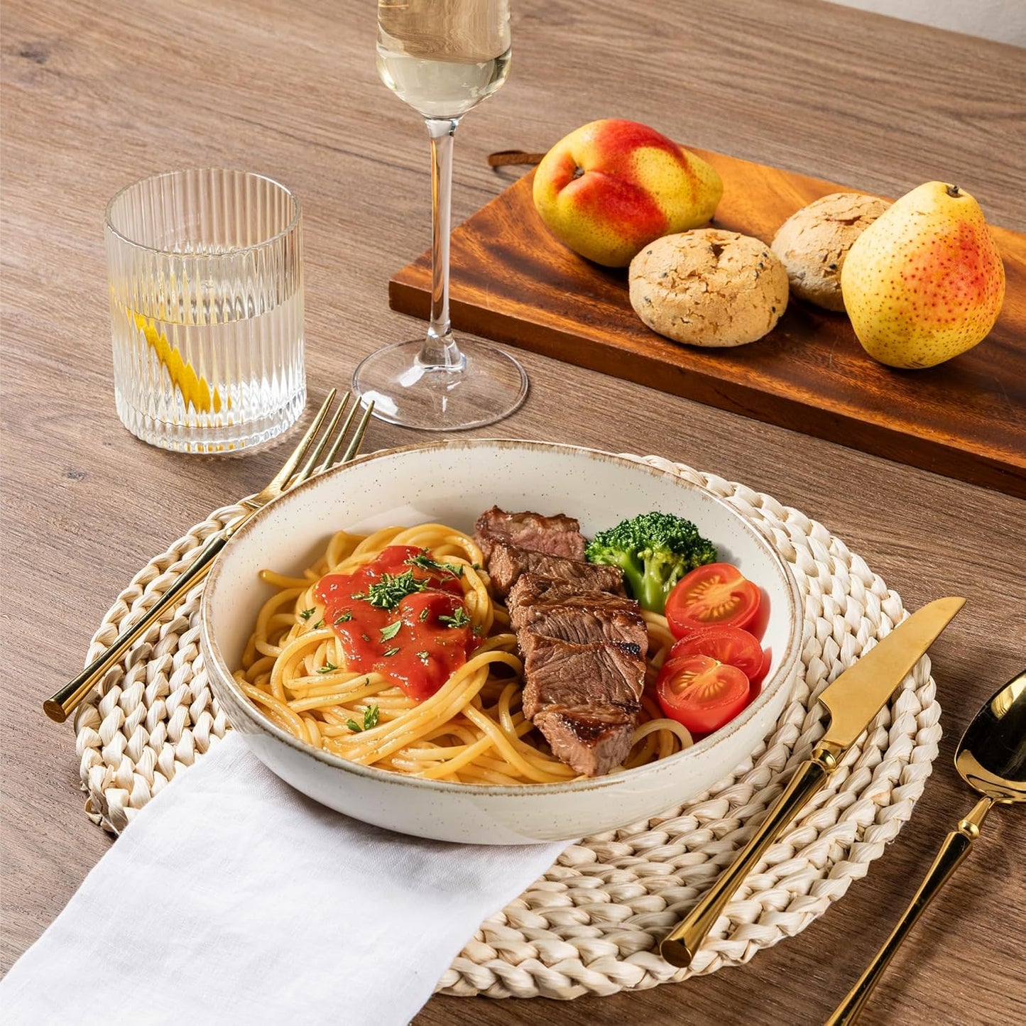 AmorArc Ceramic Dinnerware Sets with Pasta Bowls for 6, Handpainted Plates and Bowls Set with Rustic Terracotta Underside, Scratch Resistant Dishes Set, Dishwasher & Microwave Safe, 24 Pcs