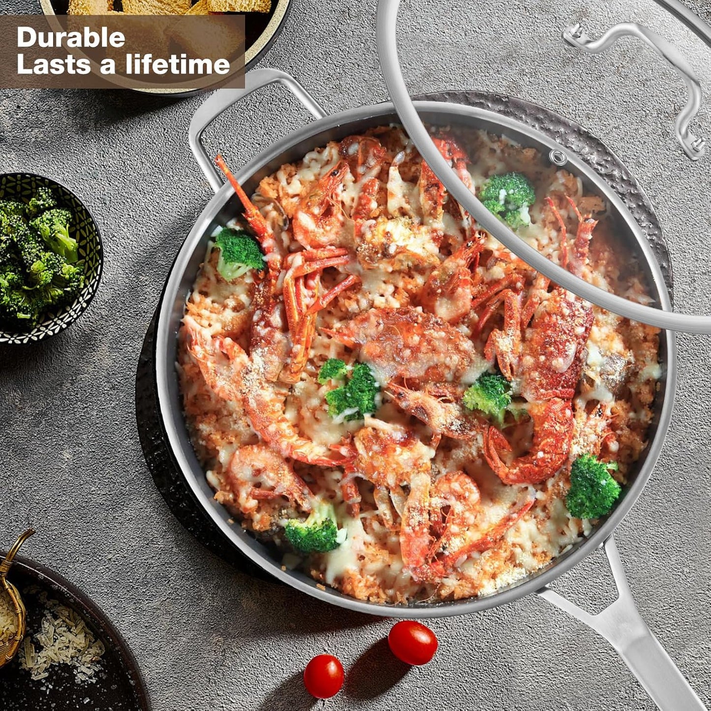 12-Inch Tri-Ply Fully Bonded Stainless Steel Frying Pan with Tempered Glass Lid | Chef's Skillet, Induction Compatible, Dishwasher & Oven Safe