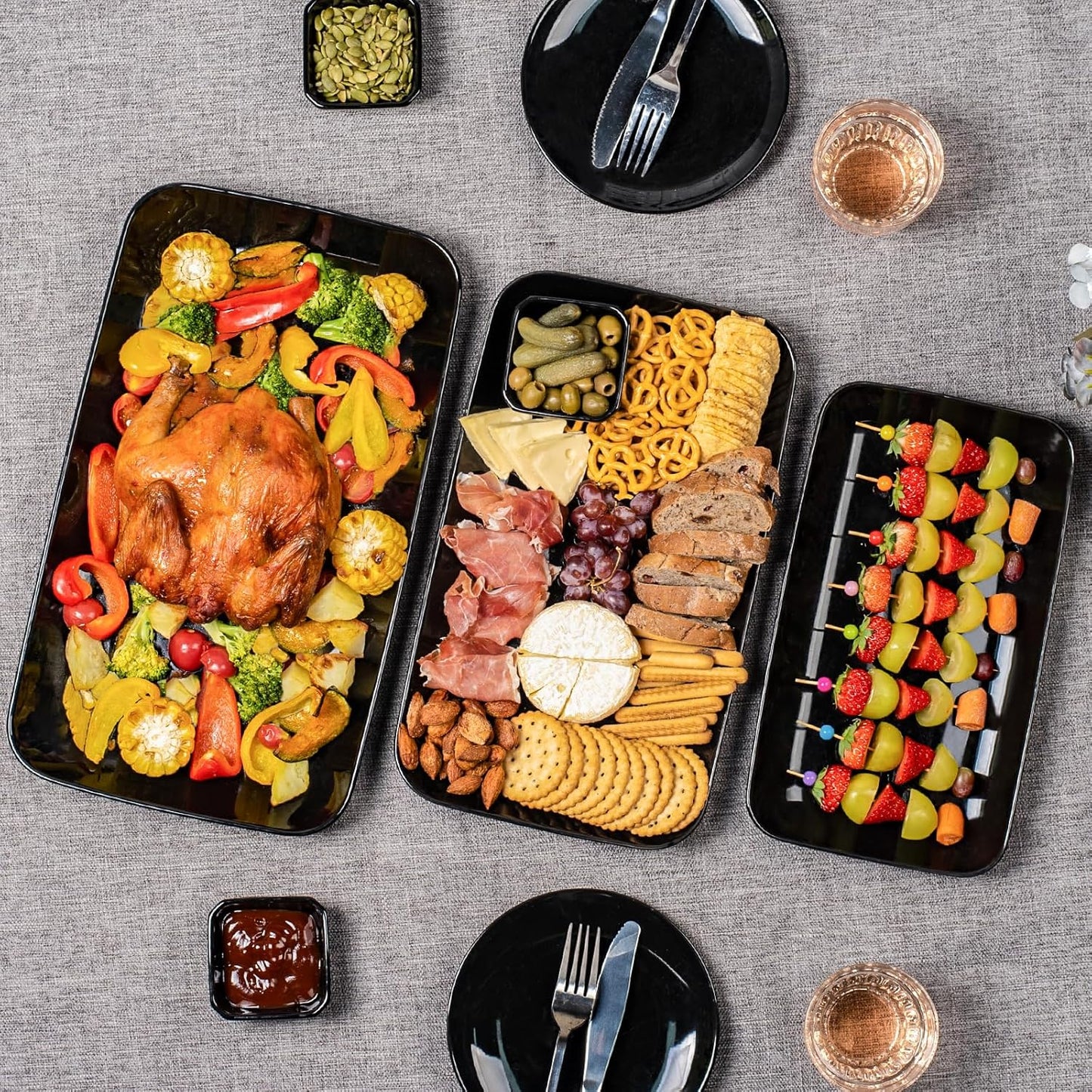 DELLING Large Serving Platter, 16/14/12inch Black Serving Tray Set- Rectangular Serving Platters for Party, Entertaining, Turkey Platter for Thanksgiving, Christmas, Microwave Dishwasher Oven Safe