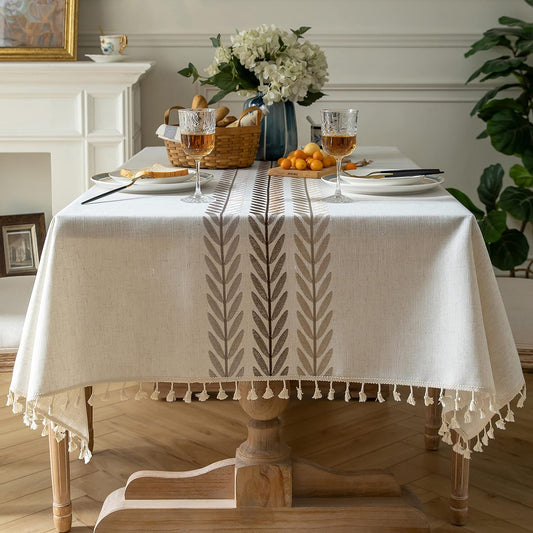 Oubonun Cotton Linen Rectangular Tablecloth - Wrinkle Resistant & Waterproof - Machine Washable Table Cloth with Tassels for Kitchen & Dining, 55''x86'', 6-8 Seats