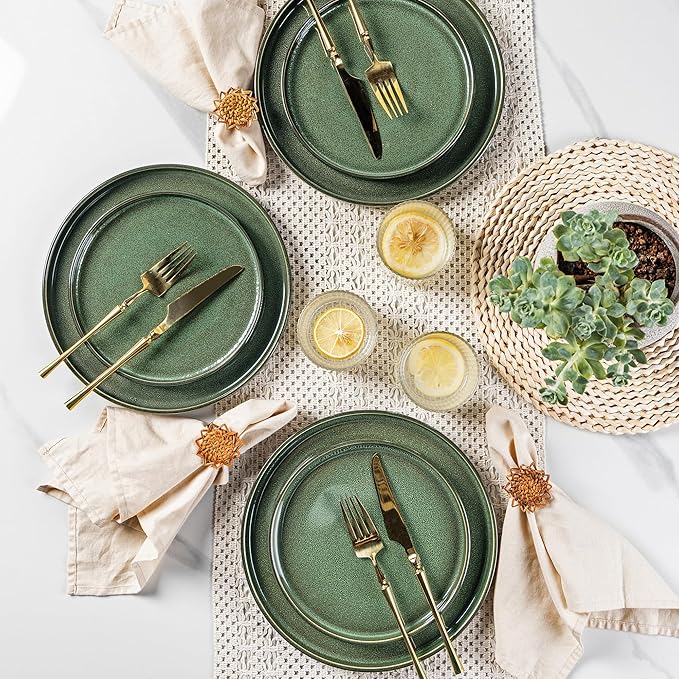 LERATIO Ceramic Dinnerware Sets for 4,Round Reactive Glaze Ceramic Plates and Bowls Set,Highly Chip and Crack Resistant | Dishwasher & Microwave Safe Dishes Set,Service for 4 (12pc)-Green