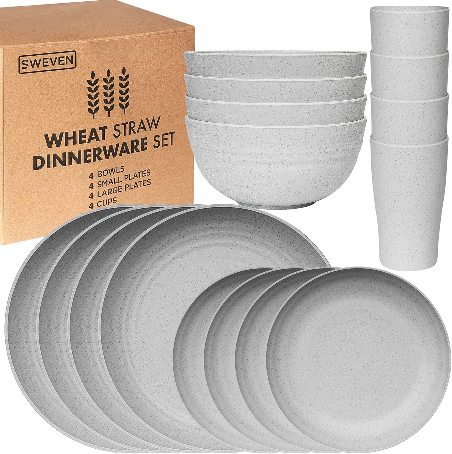 Wheat Straw Dinnerware Sets | Unbreakable Dinnerware Sets | Dishwasher Microwave Safe Dinnerware | Eco Friendly Non Breakable Dinnerware Sets | RV Outdoor Camping (Grey, Service for 4 (16 pcs))