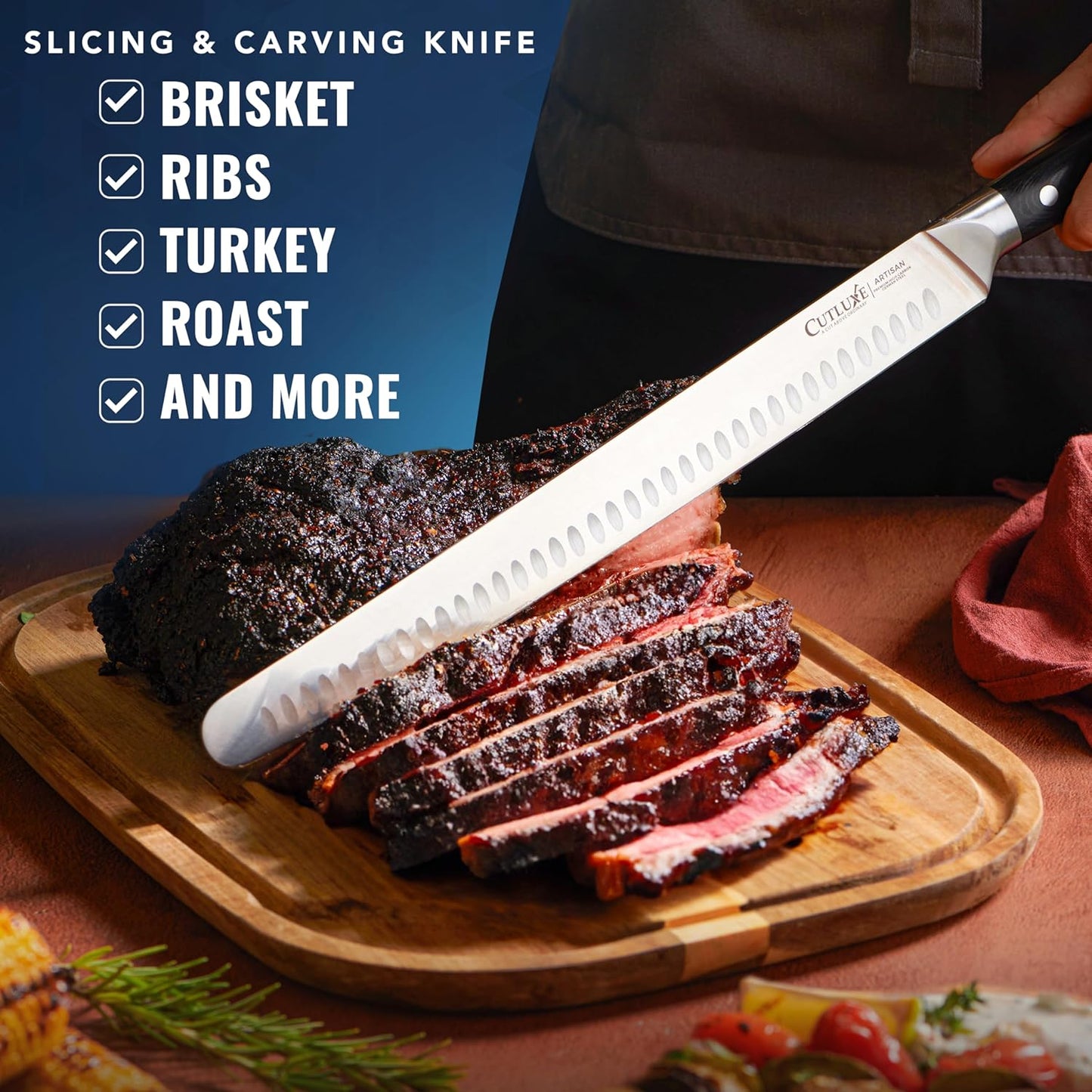 Cutluxe Brisket Knife – 12" Carving & Slicing Knife for Meat & BBQ – Razor Sharp German Steel, Sheath Included, Ergonomic Full Tang Handle Design – Artisan Series