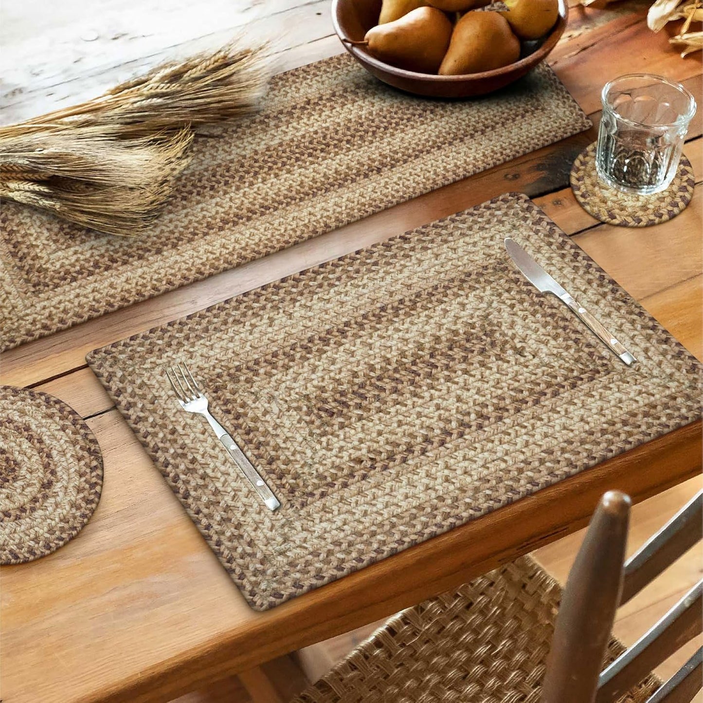 Homespice Cookie Dough Jute Braided Dinner Table Runner, Rustic Country Decor, Set of 2, Brown Rectangle 8x28 - Rich Colors, Easy to Clean, Durable and Protects Furniture