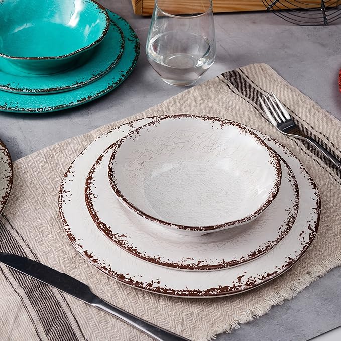 LEHAHA BPA Free Rustic Melamine Plate and Bowl Dinnerware Set Perfect for Indoor Outdoor Dining Party, Camping, 12 Piece Unbreakable Dinnerware Set, Service for 4