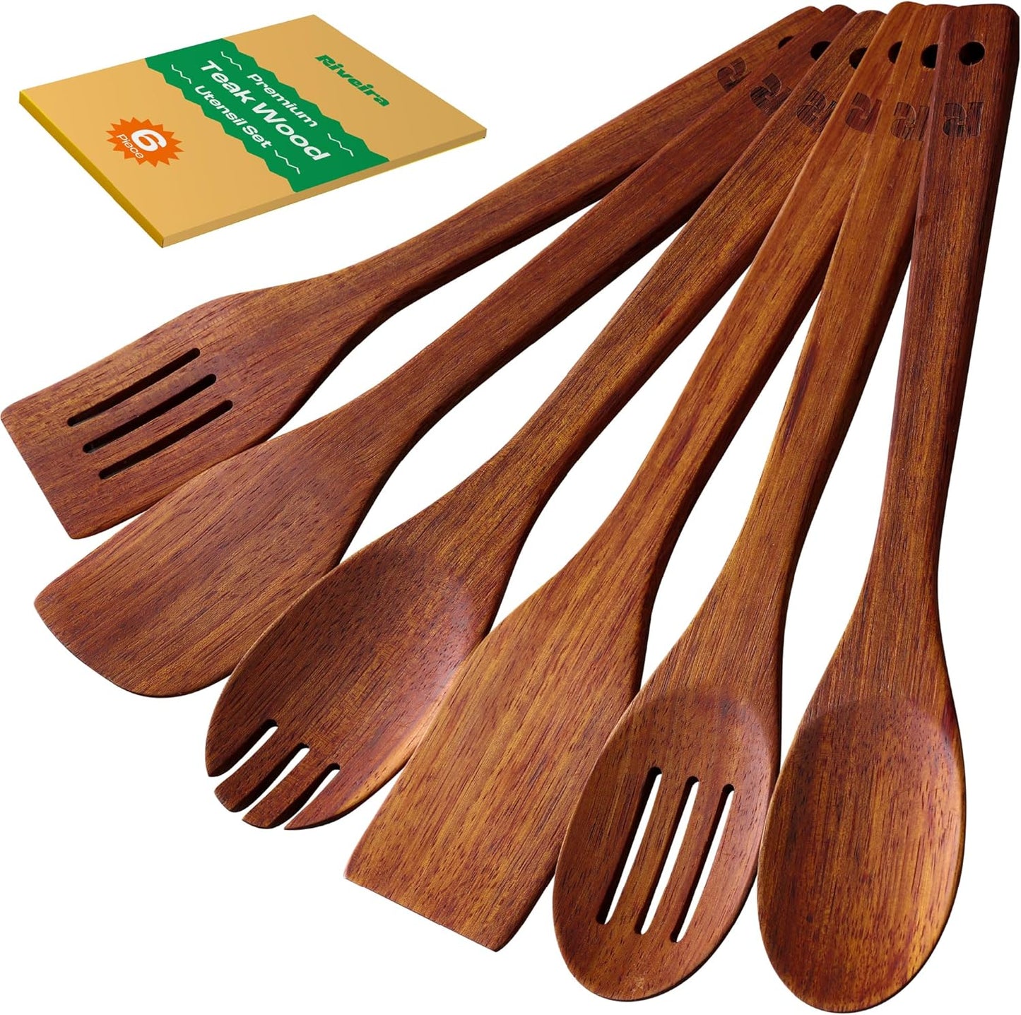 Riveira Teak Wooden Cooking Utensils Set of 6 Premium Quality Non-Toxic Wooden Spoons & Spatula for Cooking, Stirring & Serving