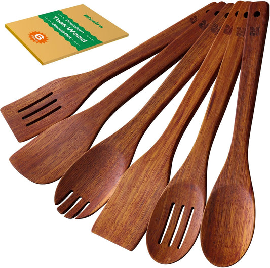 Riveira Teak Wooden Cooking Utensils Set of 6 Premium Quality Non-Toxic Wooden Spoons & Spatula for Cooking, Stirring & Serving