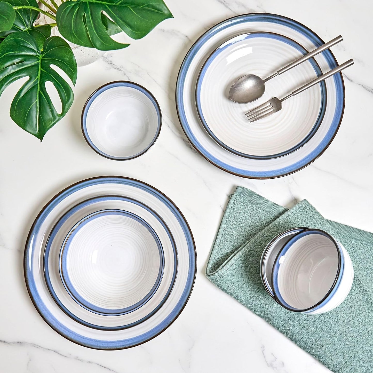 Sango Siterra Santorini 16-Piece Stoneware Dinnerware Set for 4, Ceramic White Plates and Bowls Sets with Blue Rim & Reactive Glaze, Chip Resistant Dish Set, Microwave & Dishwasher Safe Kitchen Dishes