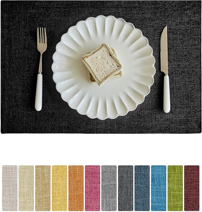 Softalker Faux Linen Placemats Set of 6-12 x 18 Inch, Heat Resistant Double Layered Durable Burlap Farmhouse Place Mats, Non-Slip Washable Rustic Table Mats for Dining, Kitchen, Party（Black