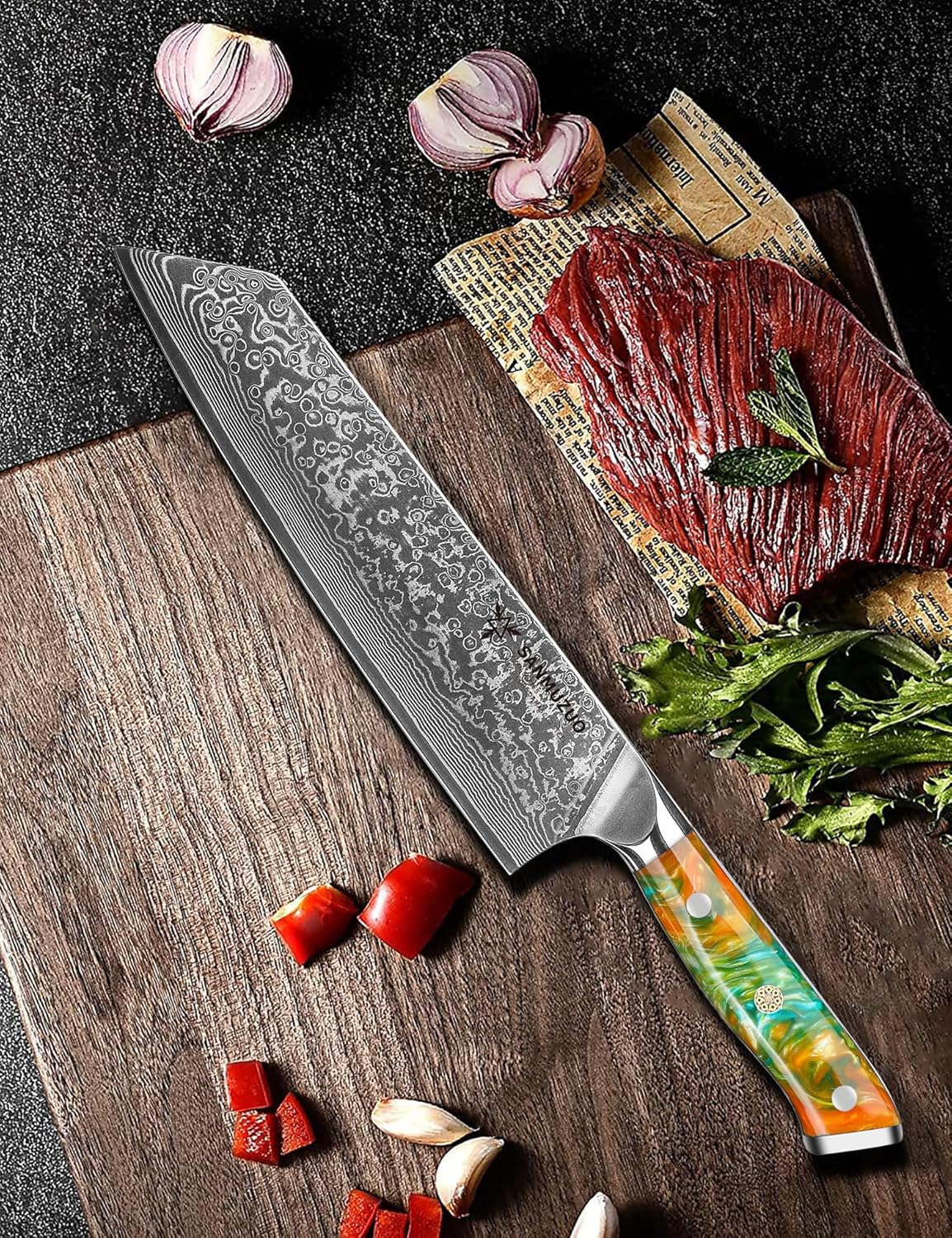 8.5 inch Kiritsuke Kitchen Chef Knife - 67 Layers Damascus Steel & Resin Handle - Xuan Series(Fantasy Orange)