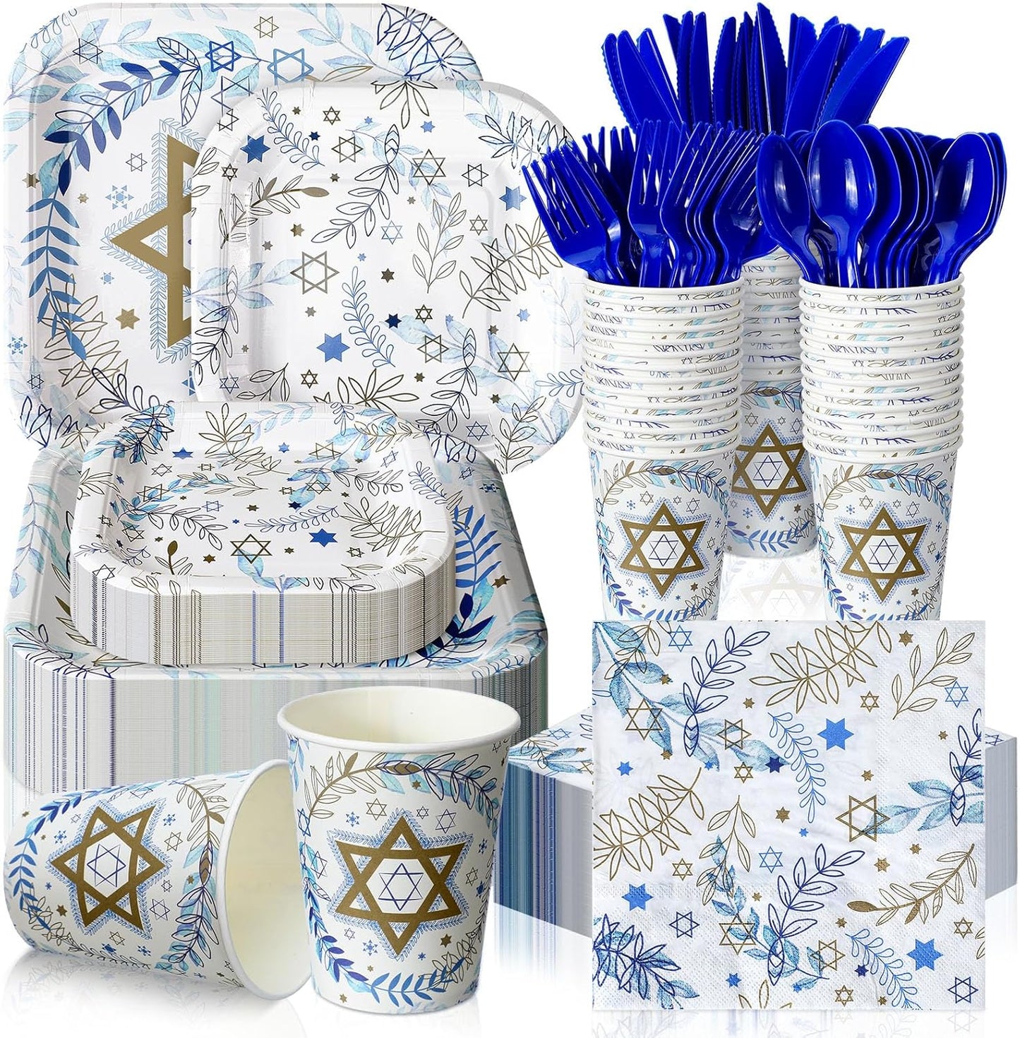 350 Pcs Paper Plates and Napkins Set Disposable Dinnerware Party Supplies Tableware Serve 50 Guest Cups Knife Forks Spoon(Blue, Gold and White,Hanukkah)