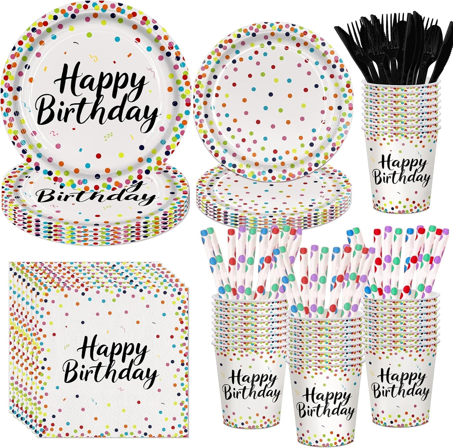161CT Polka Dot Birthday Party supplies Dinnerware, Include Paper Plates Cups Straws Cutlery, Beige Kitchen Dining Table Decoration for Baby shower, Birthday Party Decor