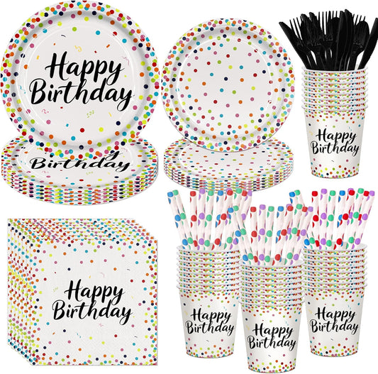 161CT Polka Dot Birthday Party supplies Dinnerware, Include Paper Plates Cups Straws Cutlery, Beige Kitchen Dining Table Decoration for Baby shower, Birthday Party Decor
