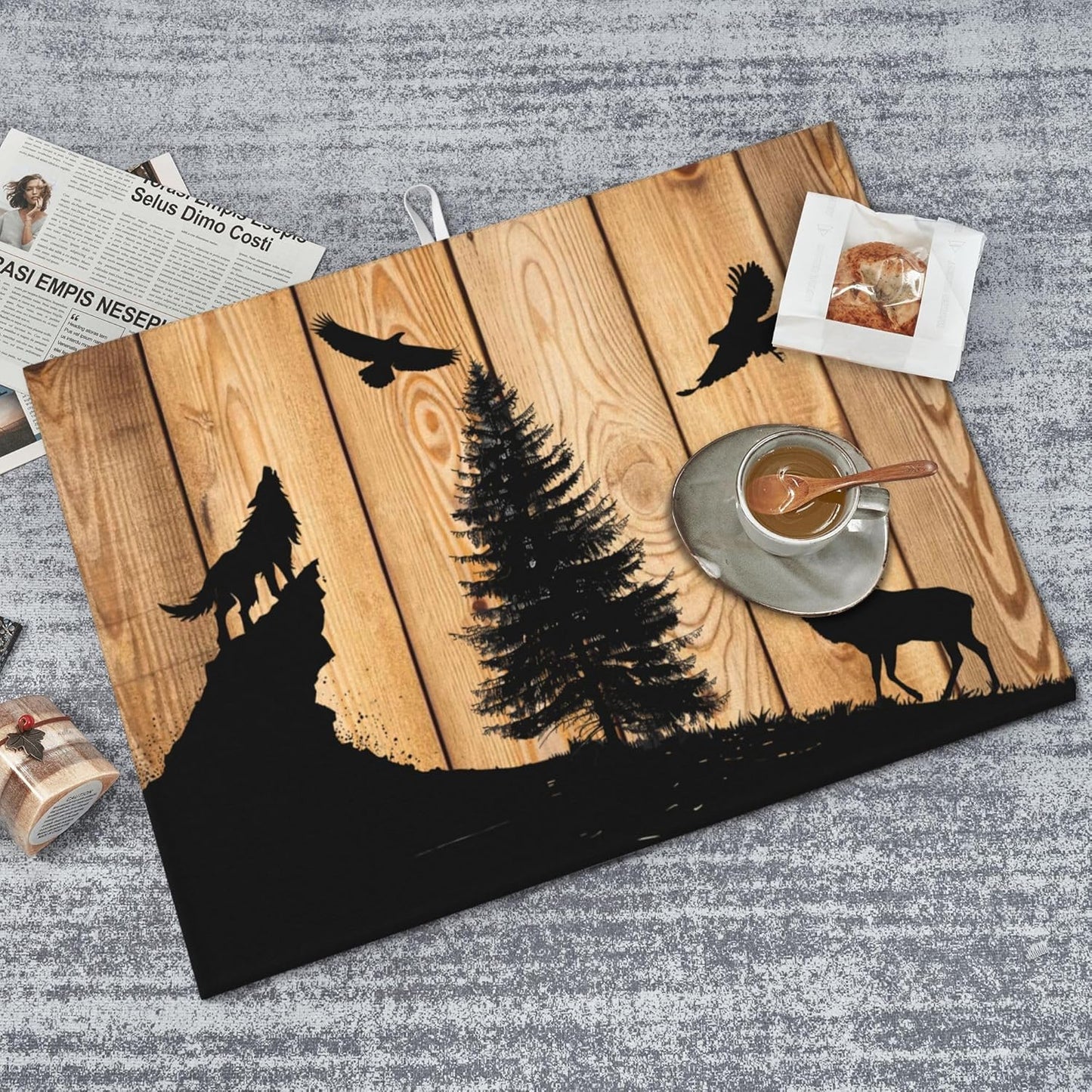 Retro Rustic Wolf Deer Forest Brown Wood Dish Drying Mat for Kitchen Counter, 18"x24" Microfiber Absorbent Fast Dry Mat, 2Pcs Dish Mat Faucet Mats Sets, Large Drying Kitchen Mat Kitchen Drying Pad