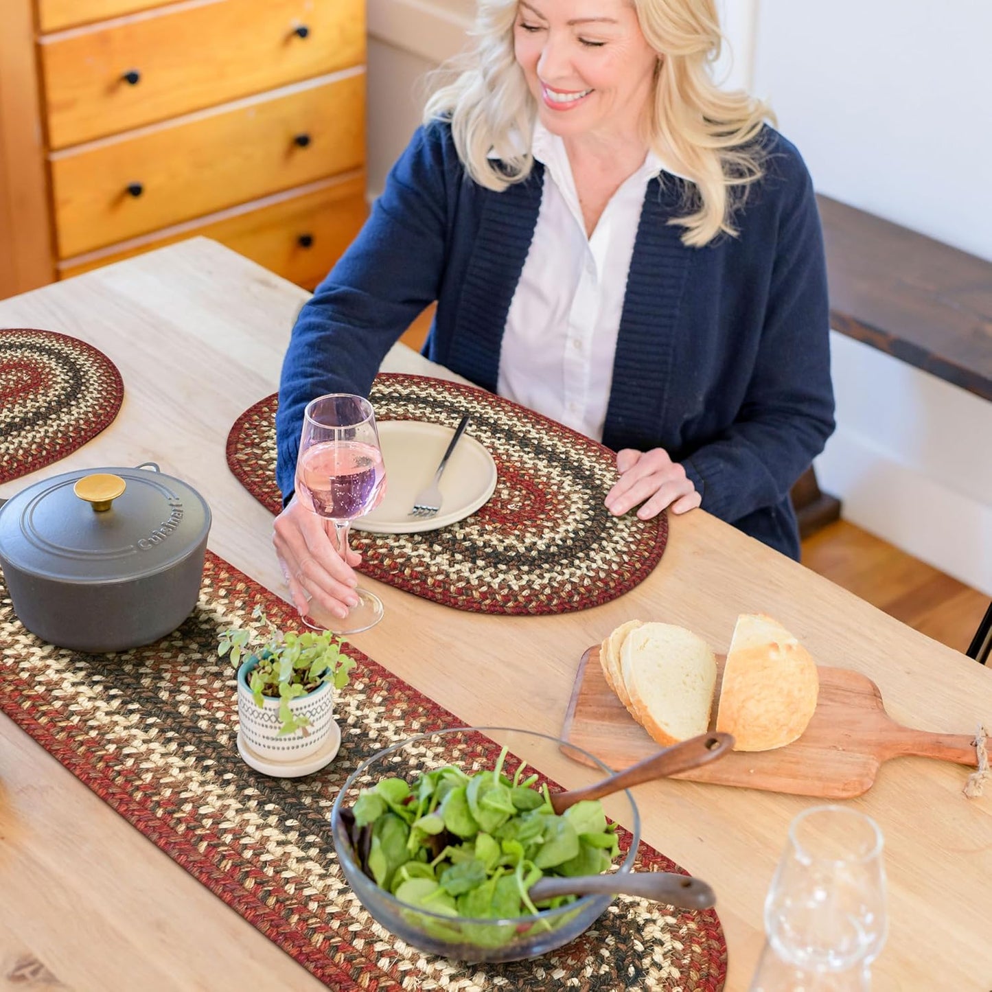 Homespice Chester Braided Oval Table Runner, Rustic Lodge Decor, Red 11x36 - Jute Dining Table Accessories - Rich Colors, Easy to Clean, Durable and Protects Furniture