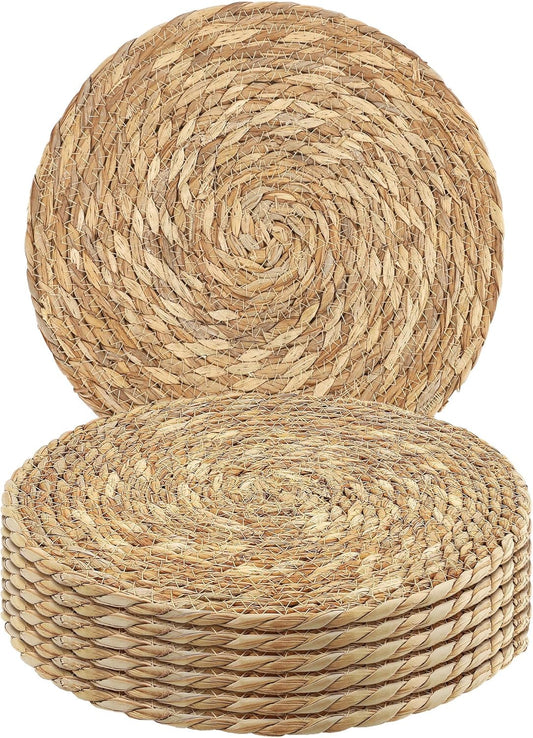 Set of 6 Round Woven Placemats - 13.8 Inches Natural Boho Rattan Wicker Table Mats for Home Dining Table